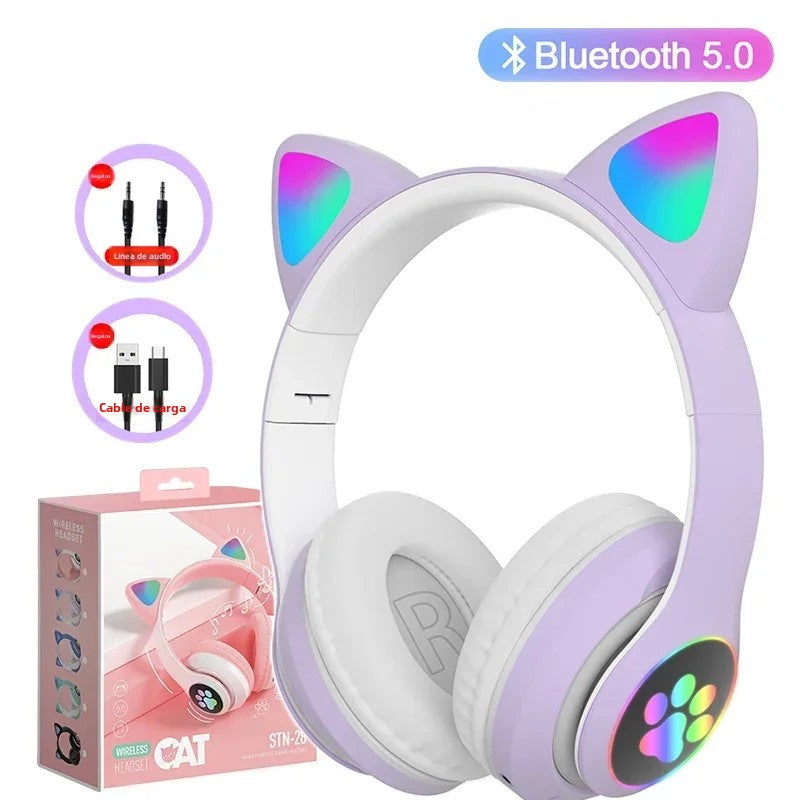 Casque Bluetooth 5.0 à oreilles de chat avec lumière flash, prise en charge de la carte TF et micro intégré, cadeau d'anniversaire pour enfants filles