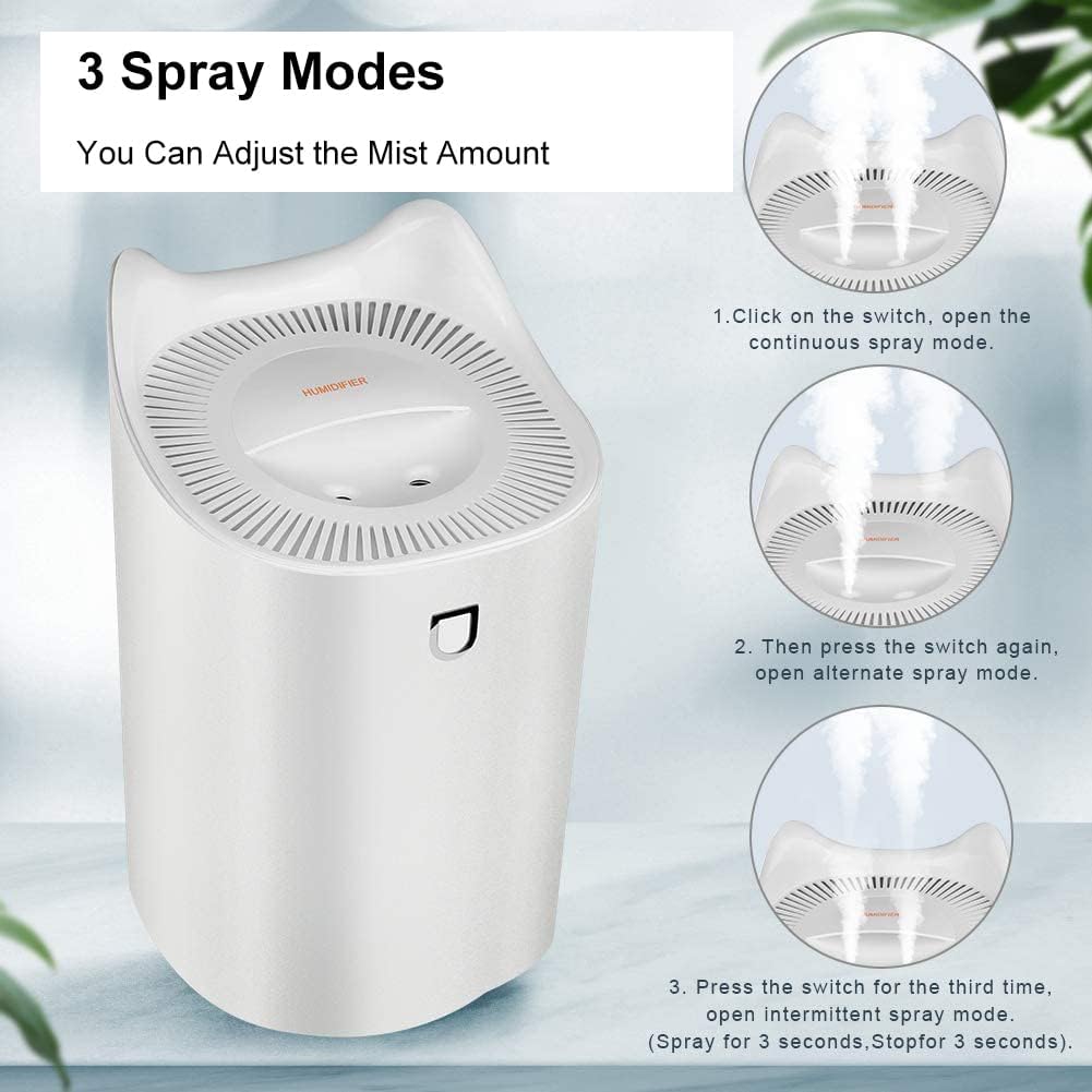 3L bedroom humidifier (up to 20 hours runtime), with color-changing night light for home and office, 3 mist modes, 2 nozzles