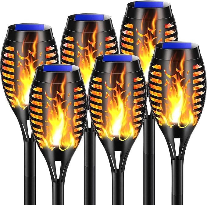 6-pak udendørs solcellelamper med realistisk dynamisk flamme – Solcellelampe til stier [Energiklasse G]