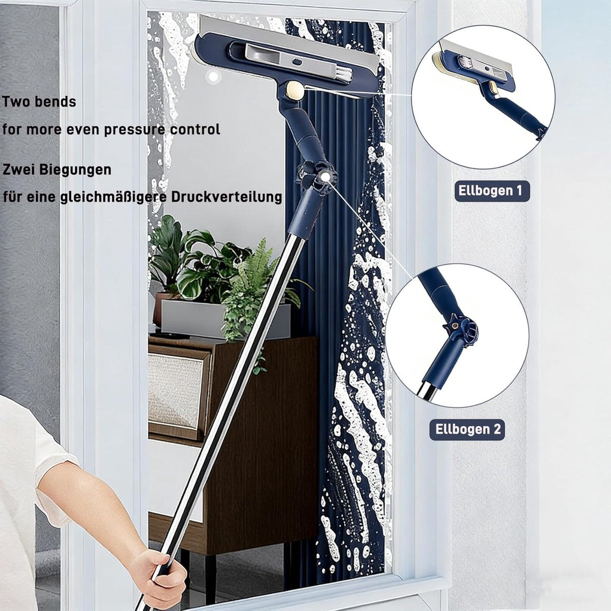 2-in-1 Extendable Window Cleaner – 120 cm Telescopic Squeegee & Scrubber, Rotating Head for Windows, Mirrors & Showers – Blue