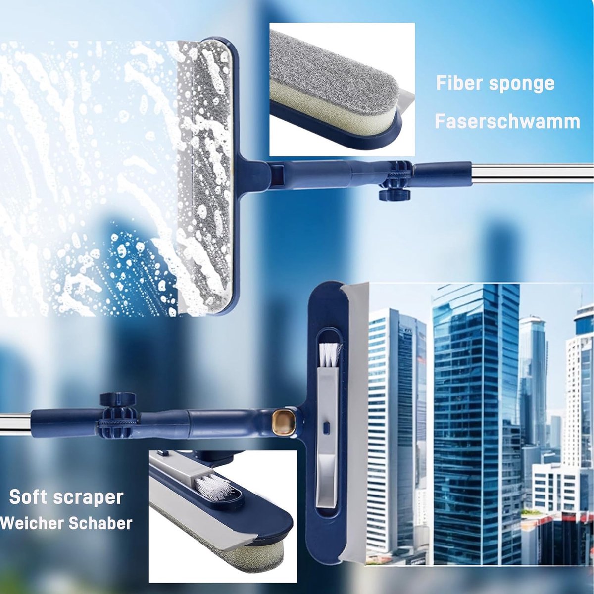 2-in-1 Extendable Window Cleaner – 120 cm Telescopic Squeegee & Scrubber, Rotating Head for Windows, Mirrors & Showers – Blue