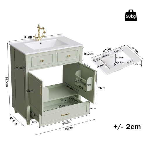 Grønt Badeværelsesskab 81×45.5×86.5 cm med Keramisk Vask, Soft-Close Skuffe, Overløbsbeskyttelse og Metalhåndtag – Moderne Opbevaringsskab