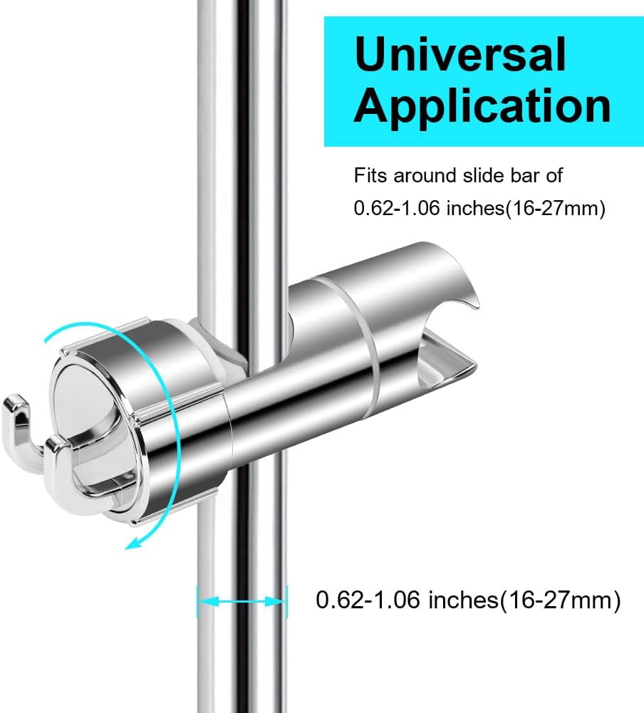Hand Shower Holder for 16–27 mm Rail, Adjustable Replacement Shower Bracket, 360° Rotation, with 2 Hooks