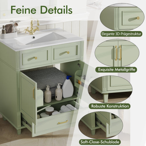 Green Bathroom Vanity Unit 81×45.5×86.5 cm with Ceramic Basin, Soft-Close Drawer, Overflow Protection & Metal Handles – Modern Storage Cabinet