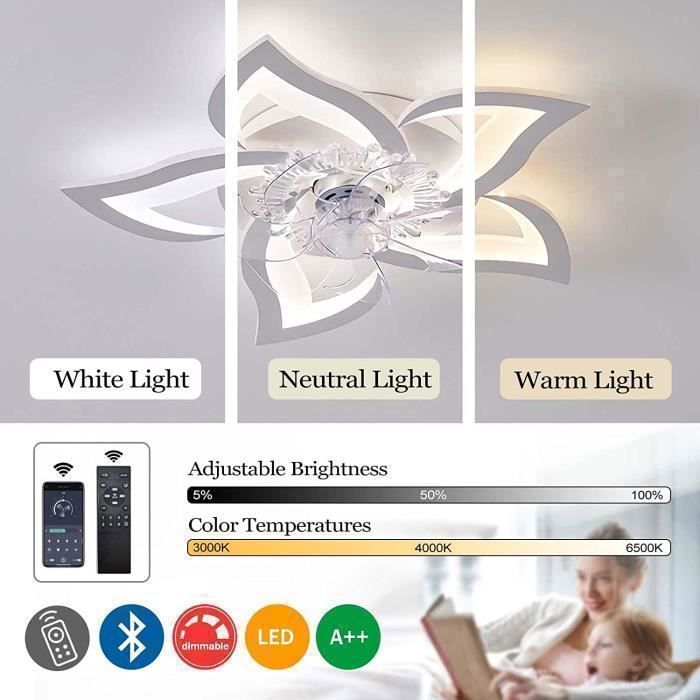 6-Speed Silent LED Ceiling Fan with Dimmable 3-Color Lighting – White