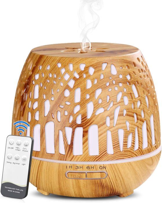 400 ml luftfugter og æterisk oliediffuser (BPA-fri) Ultralydsmodel med fjernbetjening, 3-farvede LED-lys og timerfunktion