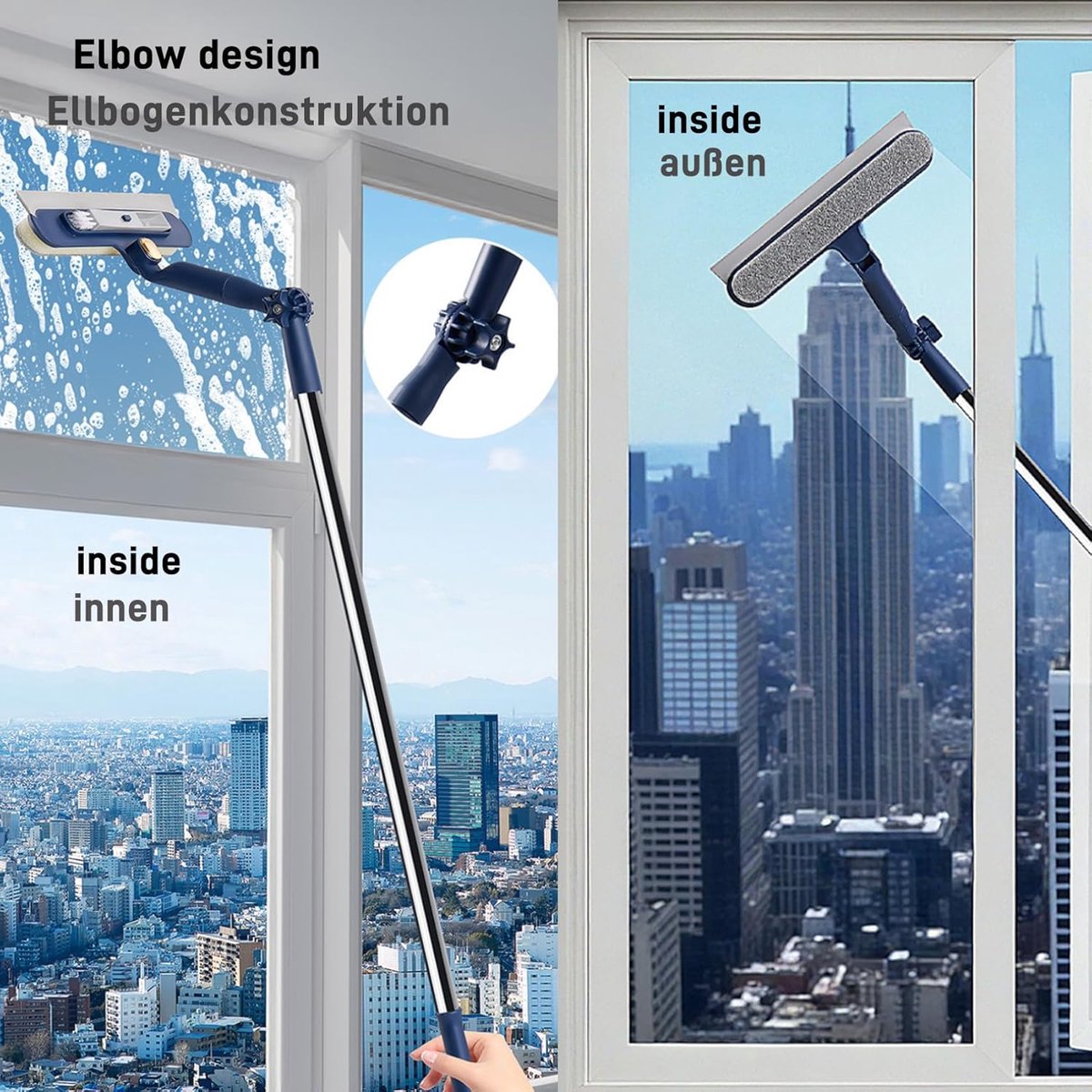 2-in-1 Extendable Window Cleaner – 120 cm Telescopic Squeegee & Scrubber, Rotating Head for Windows, Mirrors & Showers – Blue