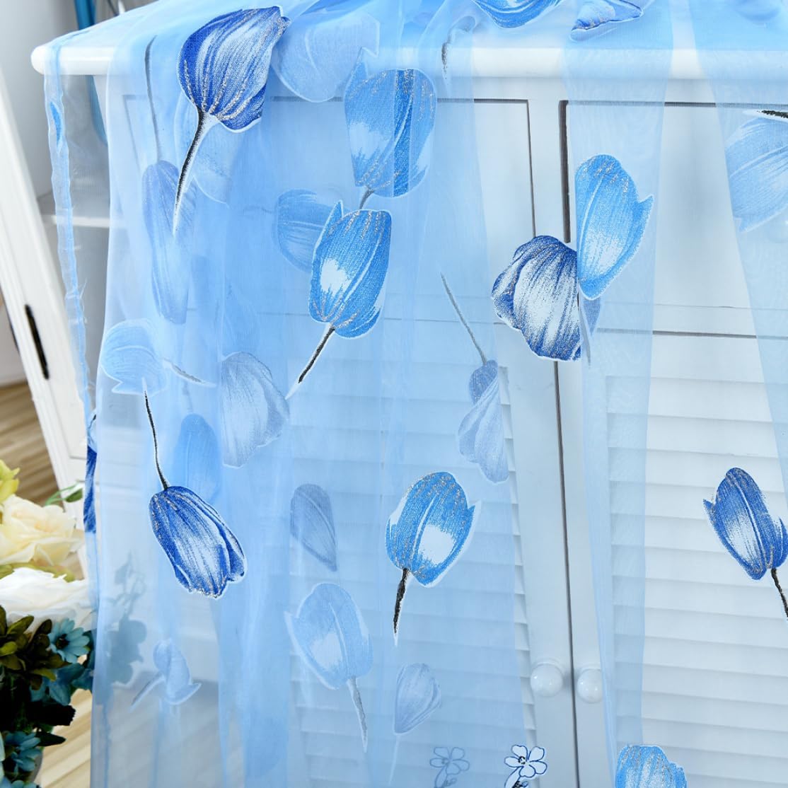 Transparent Tulip Pattern Curtains, Printed Sheer Curtains for Living Room, Bedroom, Home Decor, Blue 100*200cm