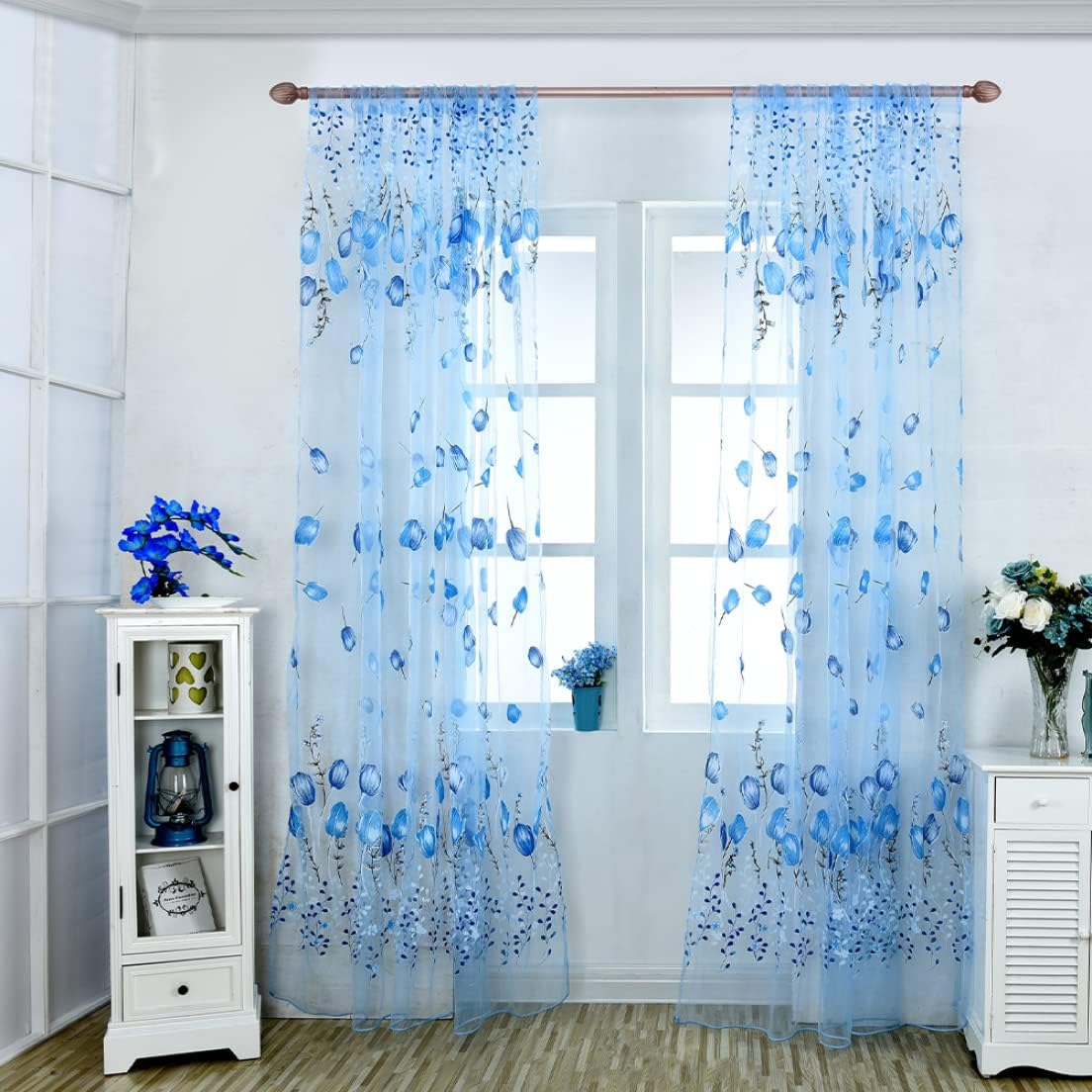 Transparent Tulip Pattern Curtains, Printed Sheer Curtains for Living Room, Bedroom, Home Decor, Blue 100*200cm