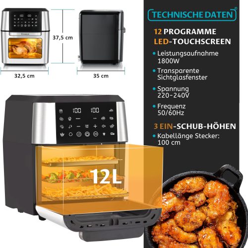 Friteuse à air chaud XXL 12 L, four multifonction avec accessoires, cuisson friture & grill facile, chauffage uniforme, 12 programmes, nettoyage simple