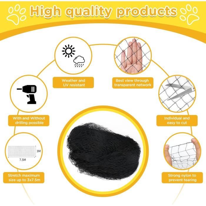 Cat Net 7.5x15m • Cat Anti-Fall Protection Net • Bird Net • No-Drill Window Protection for Balconies, Terraces and Windows