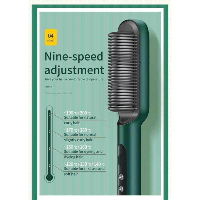 Lisseur à ions négatifs 5 températures, peigne chauffant portable, chauffage rapide en 10 secondes, anti-brûlure
