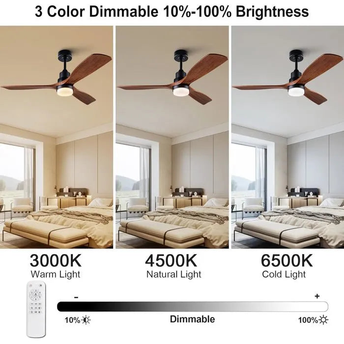 Ventilador de techo de 52 pulgadas con luz y control remoto, ventilador de tres aspas de madera con acabado en nogal negro