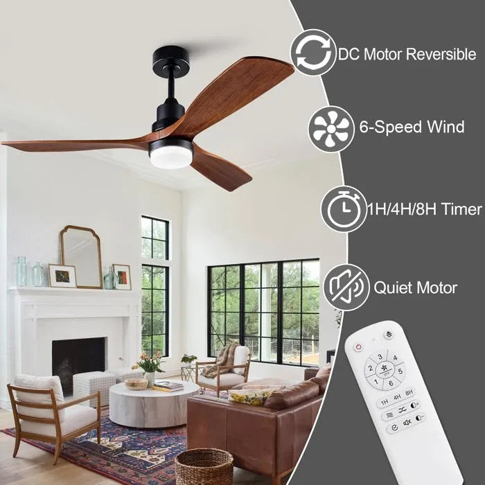 Ventilador de techo de 52 pulgadas con luz y control remoto, ventilador de tres aspas de madera con acabado en nogal negro