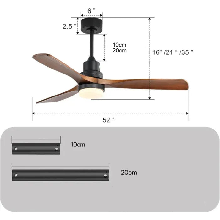 Ventilador de techo de 52 pulgadas con luz y control remoto, ventilador de tres aspas de madera con acabado en nogal negro