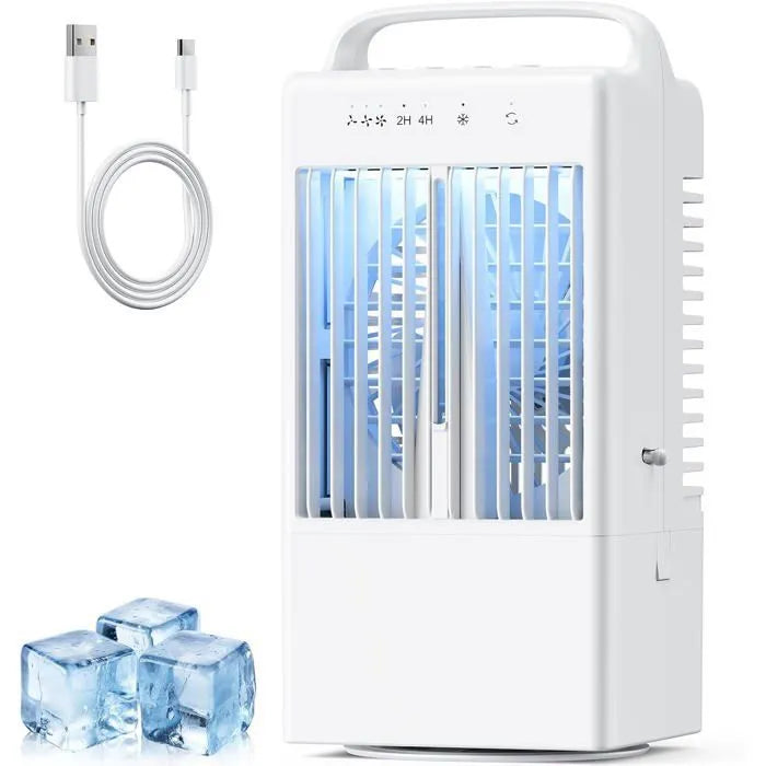 Bærbar klimaanlæg, 4-i-1 mini USB-ventilator, 90° oscillation, 7-farvet LED, til hjem og kontor
