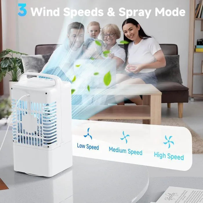 Bærbar klimaanlæg, 4-i-1 mini USB-ventilator, 90° oscillation, 7-farvet LED, til hjem og kontor