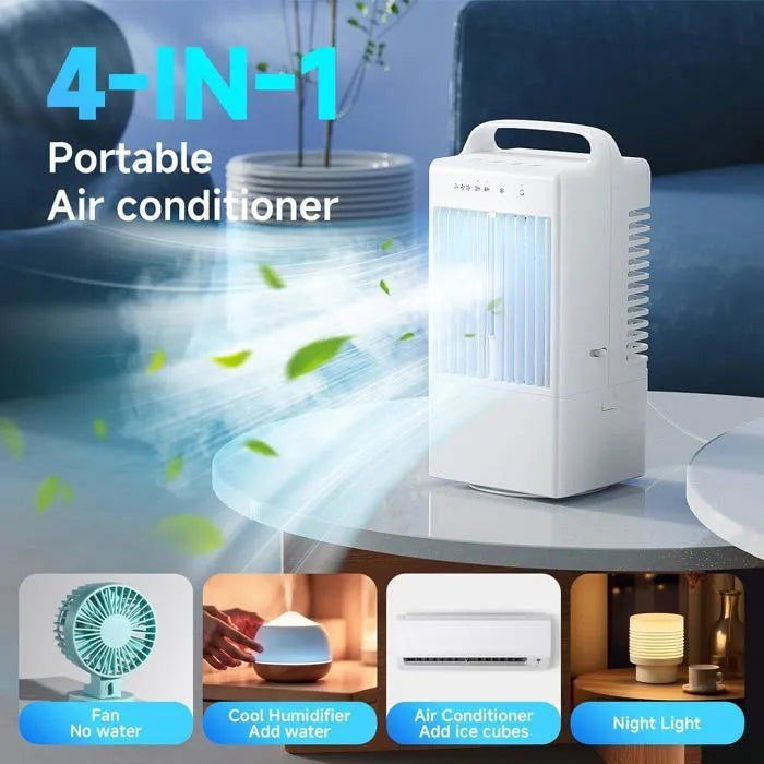 Bærbar klimaanlæg, 4-i-1 mini USB-ventilator, 90° oscillation, 7-farvet LED, til hjem og kontor