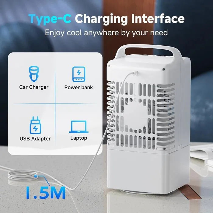 Bærbar klimaanlæg, 4-i-1 mini USB-ventilator, 90° oscillation, 7-farvet LED, til hjem og kontor