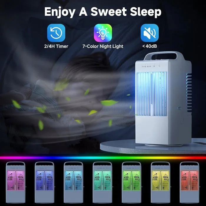Bærbar klimaanlæg, 4-i-1 mini USB-ventilator, 90° oscillation, 7-farvet LED, til hjem og kontor