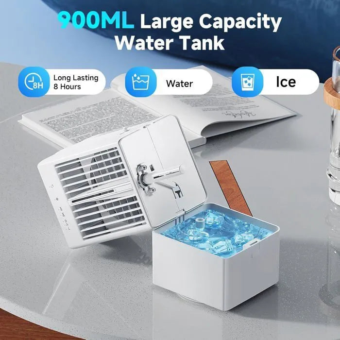 Bærbar klimaanlæg, 4-i-1 mini USB-ventilator, 90° oscillation, 7-farvet LED, til hjem og kontor