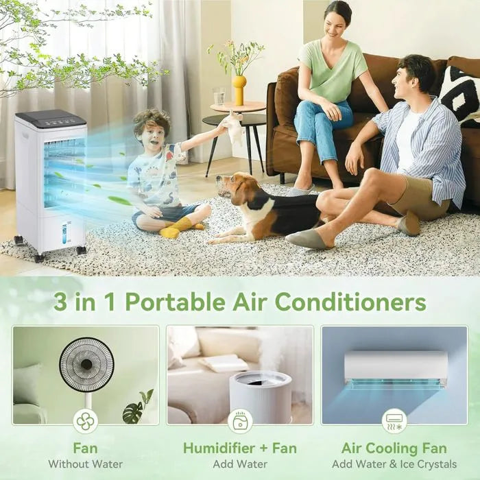 Aire acondicionado portátil silencioso, aire acondicionado portátil de bajo consumo, ventilador, 3 velocidades, versión con mando a distancia