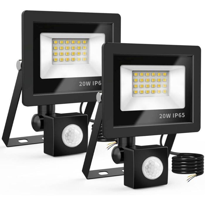 20W Outdoor LED Floodlight with Motion Sensor, 24 LEDs, IP65 Waterproof, 6500K, for Garden and Garage, 2-Pack [Class A]