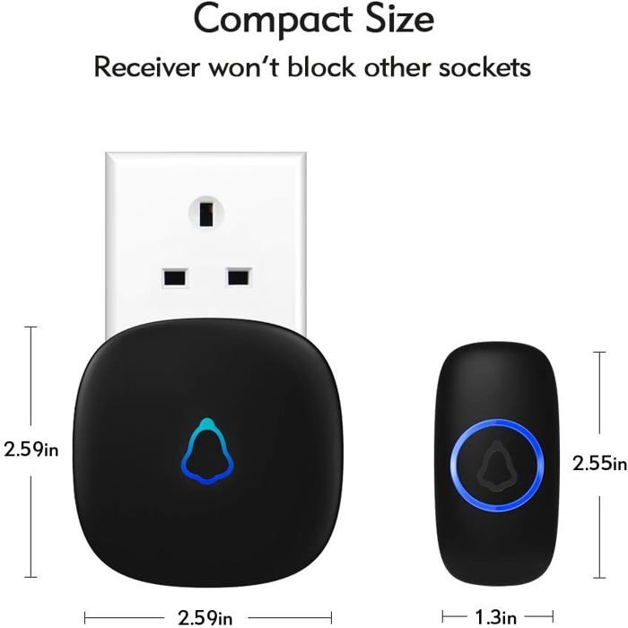 Wireless Doorbell, 300m Range, 58 Ringtones, 5 Volume Levels, LED Light, Easy to Install