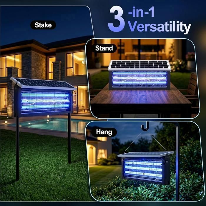 ®RisingFF Lámpara solar antimosquitos y exterminadora, para exteriores, recargable, 3000 V, inalámbrica, resistente al agua; ideal para acampada, jardín y patio