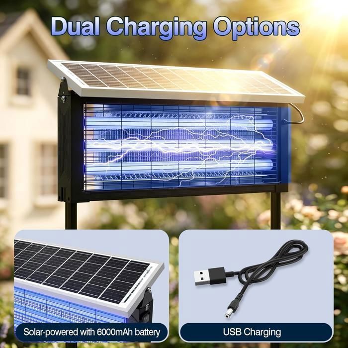 ®RisingFF Lámpara solar antimosquitos y exterminadora, para exteriores, recargable, 3000 V, inalámbrica, resistente al agua; ideal para acampada, jardín y patio