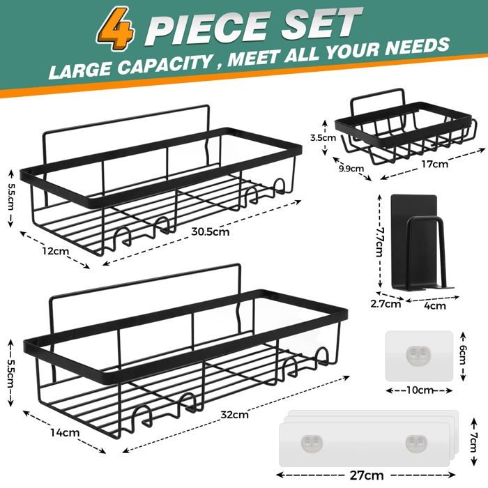 Bathroom Shelf - 4-in-1 - Matte Black - Stainless Steel - Self-Adhesive